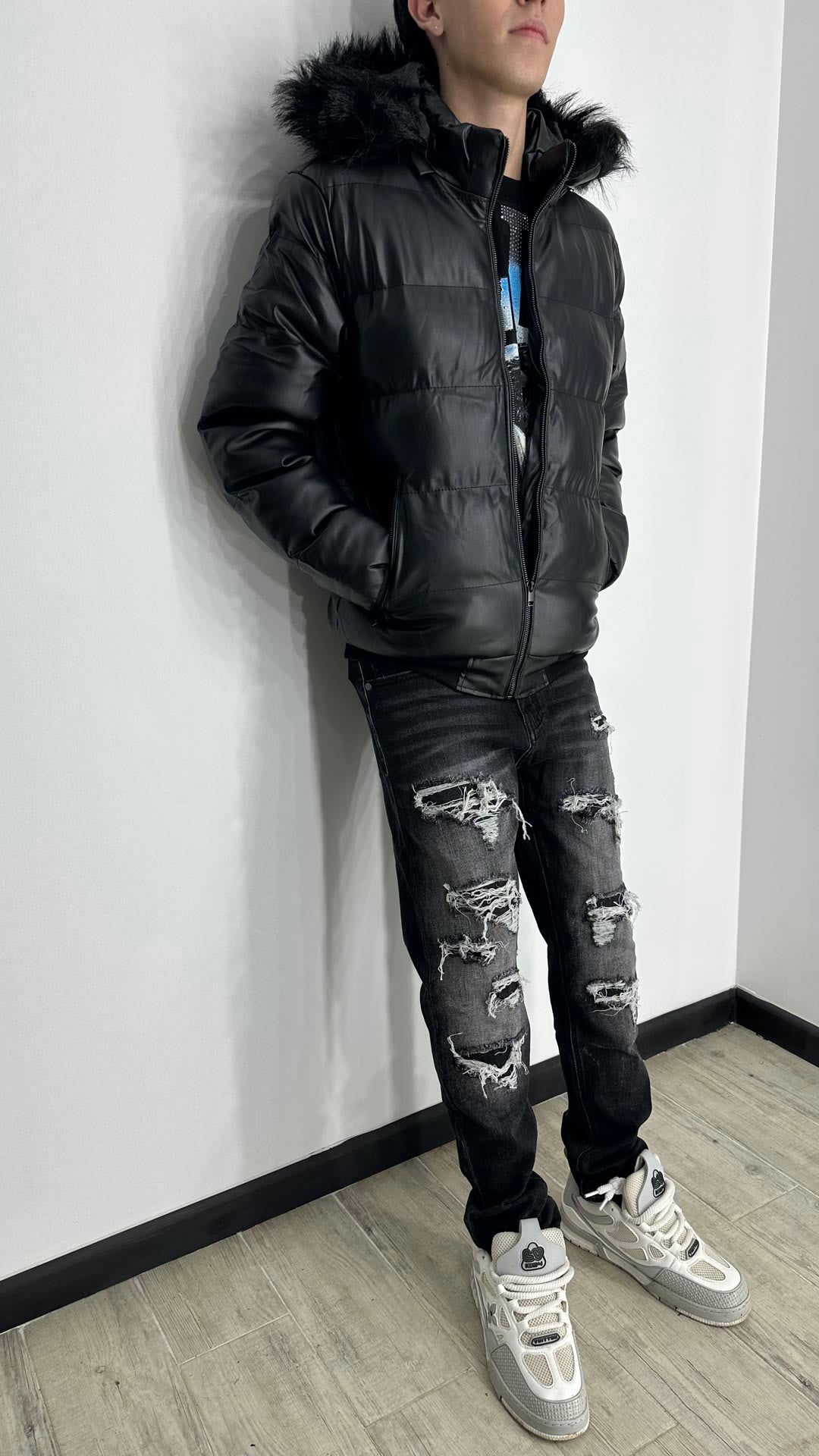 Puffer + jean ripped